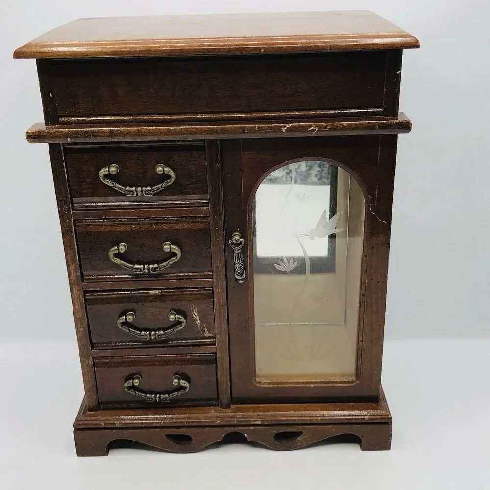Vintage Wooden Jewelry Box Armoire Etched Glass, Wheel, 4 Drawers, 12.5x10x5 In